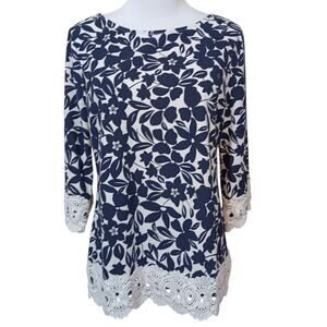 NEW CHARTER‎ CLUB Artsy Blouse Tunic Top M Floral Boho Crochet Lace 3/4 Sleeves